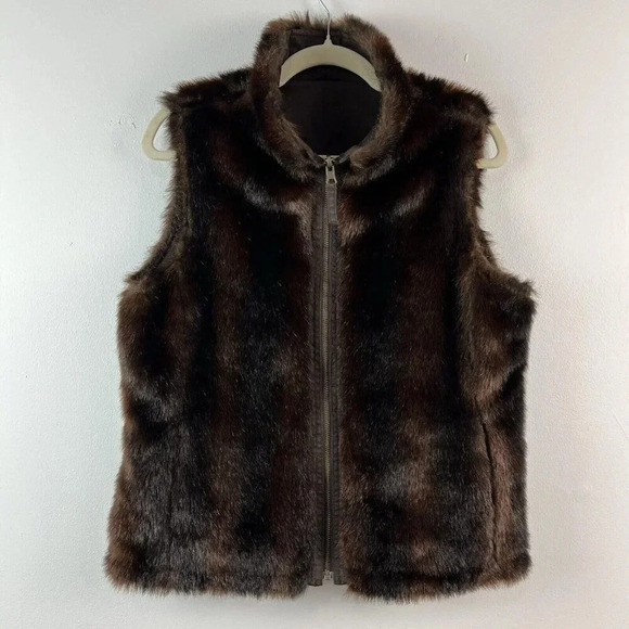 Faux Fur Reversible Vest Jacket Womens‎ S/M Brown Unbranded Pockets Y2K Outdoor - Picture 1 of 16
